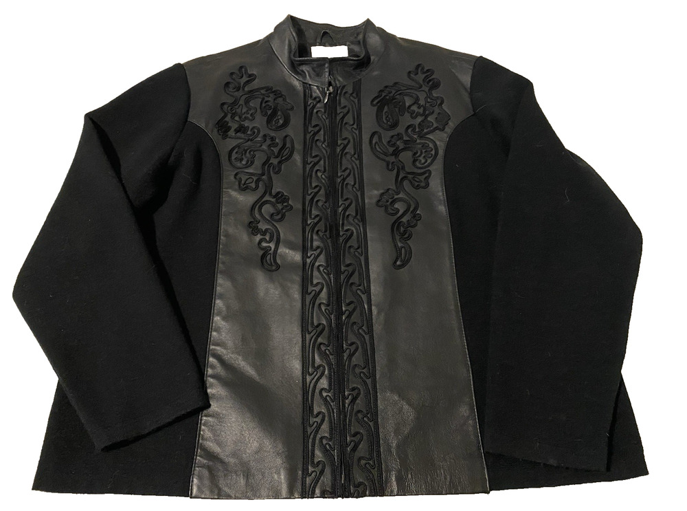Coldwater Creek Womens Black Leather Embroidered Cardigan Coatigan Sz 1X Office